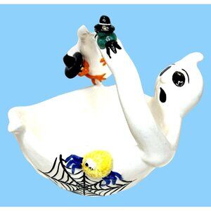 VTG Halloween Ghost 3D Candy Dish Ceramic Basket Serving Bowl Spider Lizard READ